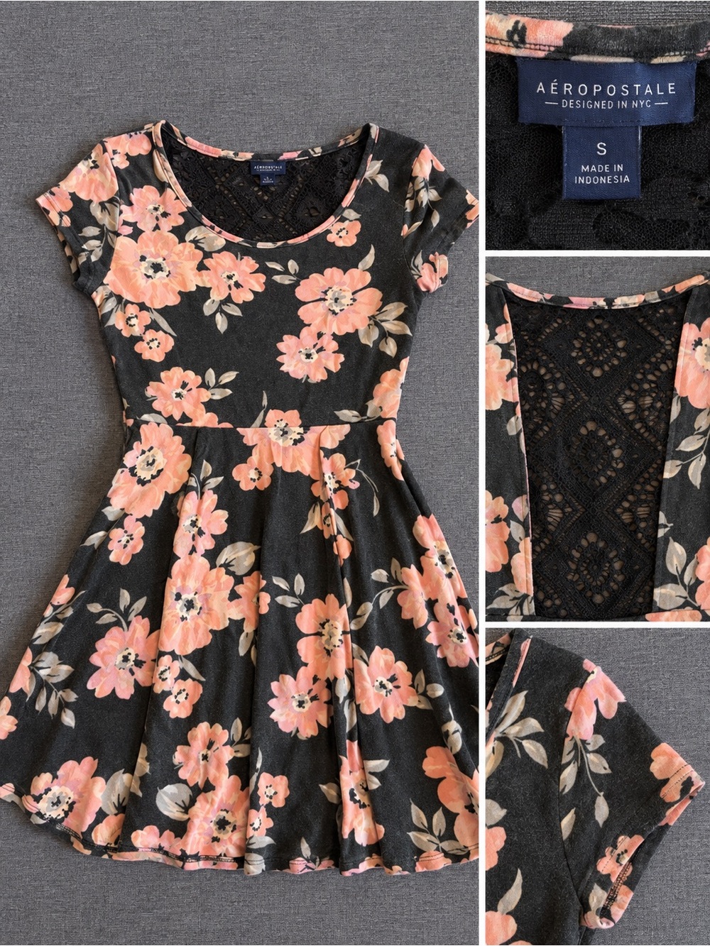 Aeropostale Girls' Black Floral Skater Dress with Pink Blooms